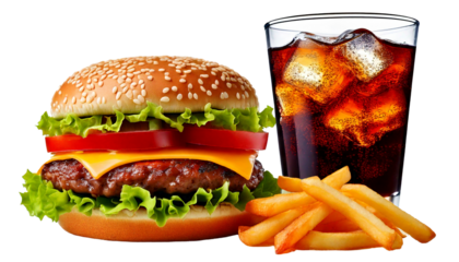 Cheeseburger with Sesame Seed Bun Lettuce Tomato and Cheese French Fries and Cola in Clear G.png