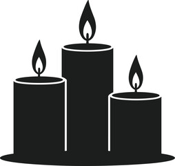 Three black candle silhouettes with flames on a white background fire light