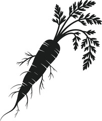 Black silhouette of a whole carrot with green leafy tops and visible roots on a white background vegetable