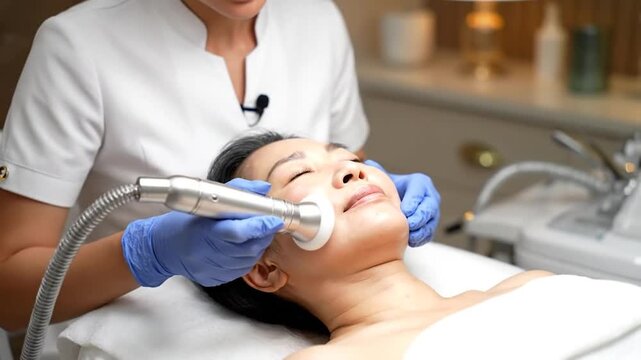 A beautician performs a facial treatment using a device on a woman in a medical spa