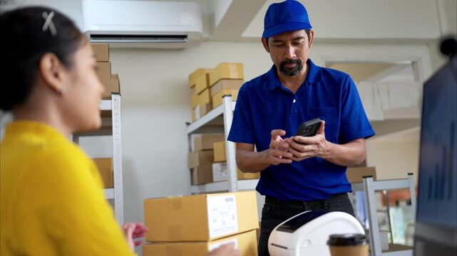 A female warehouse worker is receiving packages and verifying shipping information with a delivery driver in the storage room of a small business
