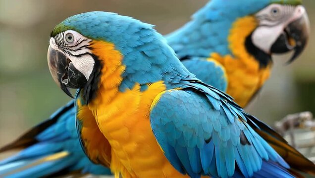 vibrant 4K close up of large parrot with blue and yellow fea rs perched prominently accompanied by ano r blurred bird in background for