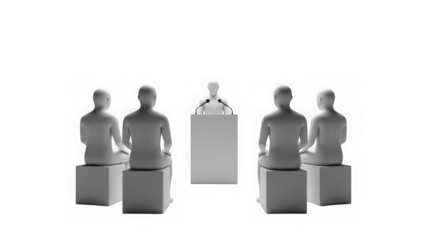 Four mannequins sitting on boxes with clipboard isolated on transparent background