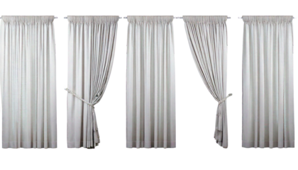  Five white fabric curtains displayed in different styles with pleats and tie-backs, isolated.png