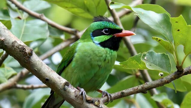 colorful 4K wildlife close up of green fea red bird perched comfortably on tree branch showcasing its vivid plumage facial details and calm behavior as it observes its surroundings
