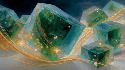 Crystalline Beauty: A close-up showcases a collection of luminous cubes, each radiating with a unique internal shimmer and vibrant colors, interwoven with delicate golden threads.