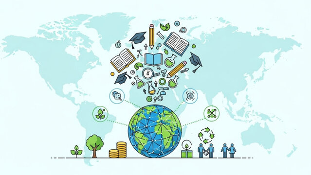 Global education and sustainable development concept with earth surrounded by learning icons, eco friendly symbols, and business growth elements on a world map background