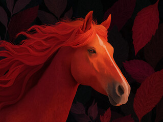 Crimson Horse Amidst Foliage: A majestic horse with a vibrant crimson mane and coat stands out gracefully against a backdrop of deep red foliage.