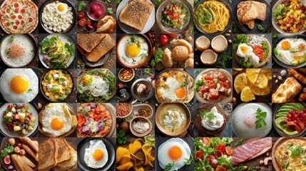 A collection of breakfast foods including fried eggs salads bread and fruits is arranged in a grid. Each plate offers different colors and styles of food.