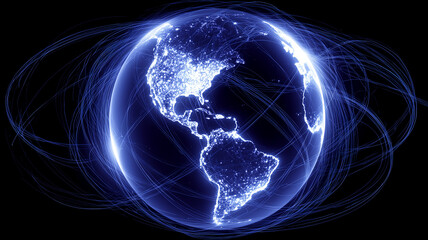 A connected digital globe showing illuminated continents and global data lines representing worldwide communication networks and digital connectivity.
