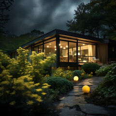 Contemporary forest house at night with glowing moon lanterns and yellow spring garden, moody atmosphere
