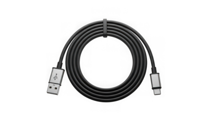 Black usbc to usb cable coiled on transparent background isolated on transparent background