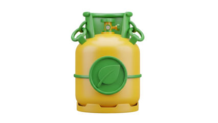 Yellow gas cylinder with green leaf emblem