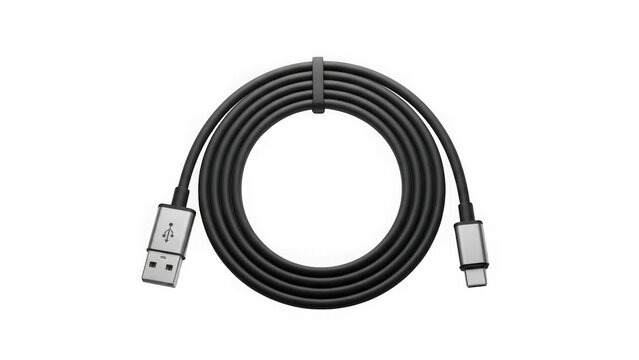 Black usbc to usb cable coiled on transparent background isolated on transparent background
