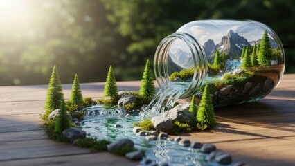 A miniature landscape with mountains and trees spilling out of a glass jar onto a wooden surface