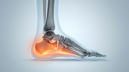 Heel Pain, a Detailed Anatomical Illustration of the Human Foot, Highlighting the Calcaneus Bone with Inflammation, a Medical Healthcare Concept