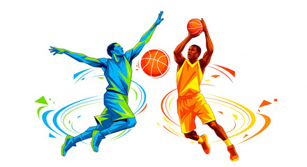 Electrifying abstract illustration capturing two basketball players mid-action, highlighting dynamic energy and vibrant colors in a modern sports design