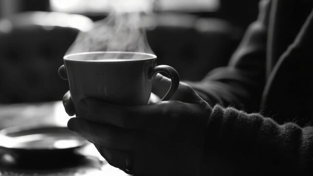 Hand holding cup of hot beverage with steam rising, possibly coffee or tea. Comfort and relaxation depicted. Cozy cafe setting implied.