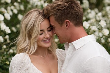 Fototapeta premium Affectionate couple embracing closely with foreheads touching amidst blooming white flowers