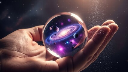 Hand holding a crystal ball with a vibrant galaxy inside against a starry night sky