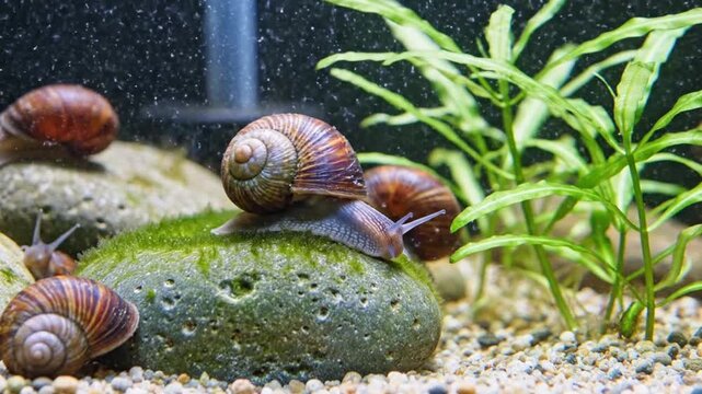 A serene underwater scene featuring multiple snails on a mossy rock amidst aquatic plants