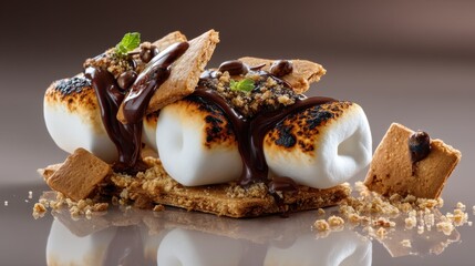 This dessert features toasted marshmallows drizzled with chocolate sitting on graham crackers. Crushed cookies and chocolate bits add texture to the treat.