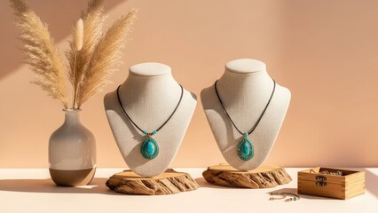 Two necklaces displayed on jewelry busts with a vase and pampas grass nearby