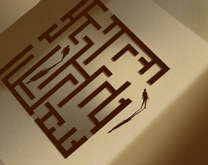 A man and a woman face a confusing path through a maze if they are to get together. Such is life and this is a 3-d illustration about this difficult endeavor to meet the right person.
