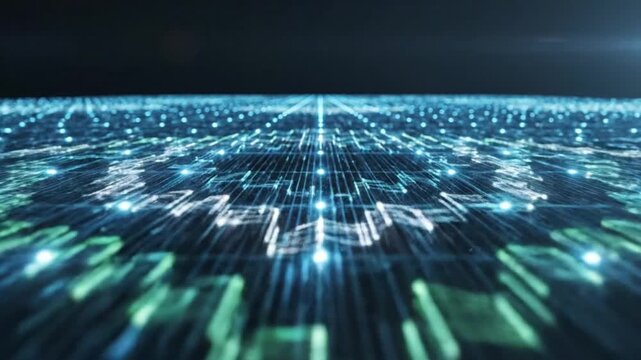 Abstract digital background with glowing blue and green code streams on a dark blurred grid with a shallow depth of field conveying a futuristic and technological mood.