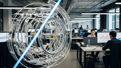 Conceptual clock symbolizing time management and productivity in a dynamic modern office, highlighting efficiency and the fast pace of contemporary business operations