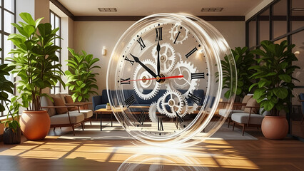 Time flies in a bright, plant-filled room with a transparent clock showing moving gears