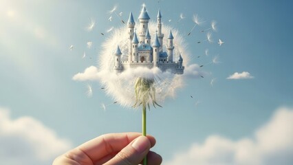 A fantasy castle emerges from a dandelion held by a hand against a serene blue sky