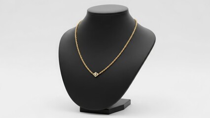 A gold necklace with a small pendant on a black jewelry display stand