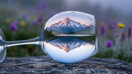 A scenic mountain landscape reflected in a wine glass on a rugged surface amidst blooming wildflowers