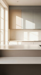 Bright modern kitchen interior filled with natural window light, neutral tones of white, beige, and soft gray, appliance-free design