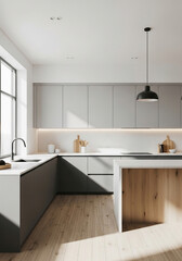 Bright modern kitchen interior for corporate website use, neutral tones of white, soft gray, and light wood, appliance-free minimalist design