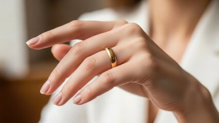 Close-up view of a woman's hand adorned with a gold ring on her finger, showcasing her manicured nails and elegant gesture