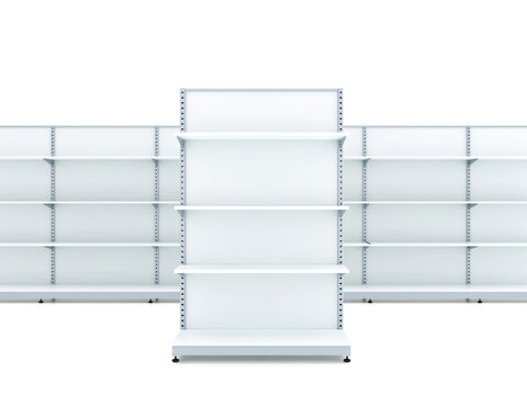 3d render of a modern building. 3d render empty retail shelving system, white metal supermarket racks in wide front view. Warehouse storage display, minimal clean background, mockup 