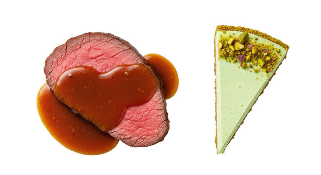 Delicious Roasted Beef Steak with Brown Sauce and a Slice of Green Pistachio Pie with Transparent Background