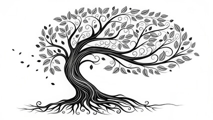 “Artistic tree of life with a flowing trunk and organic curves, hand-drawn black ink style, fluid natural lines, symbolic roots and branches, high-detail silhouette, tattoo vector illustration, white 
