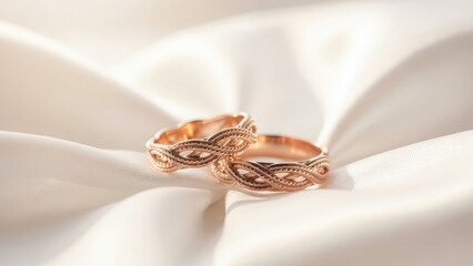 Two golden wedding rings placed on a white fabric, symbolizing love and commitment