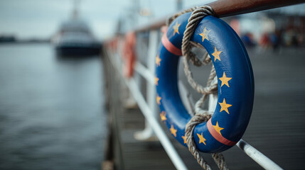 Lifebuoy with European Union stars on harbor railing.