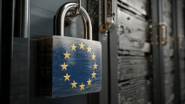 Data security padlock with European Union flag in server room. - Powered by Adobe