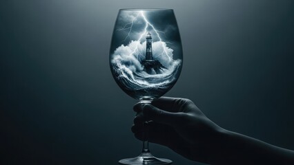 A hand holding a wine glass with a cloudy liquid inside against a dark background