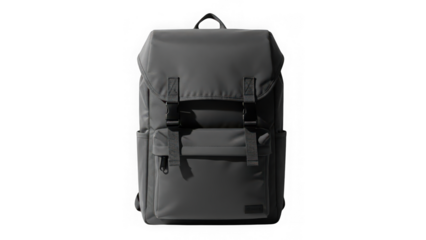 Black backpack with multiple pockets isolated on transparent background