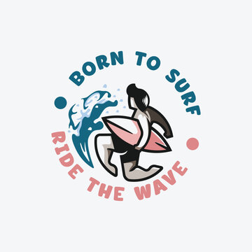 Retro vector badge with surfer carrying board and wave