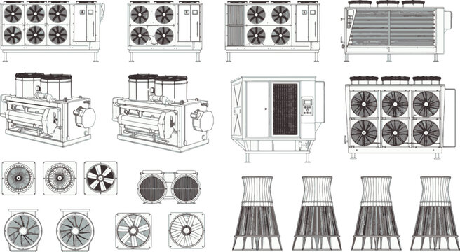 An array of detailed line drawings showcases an assortment of industrial cooling and ventilation systems, providing a clear view of mechanical components, designs, and architectural arrangements.