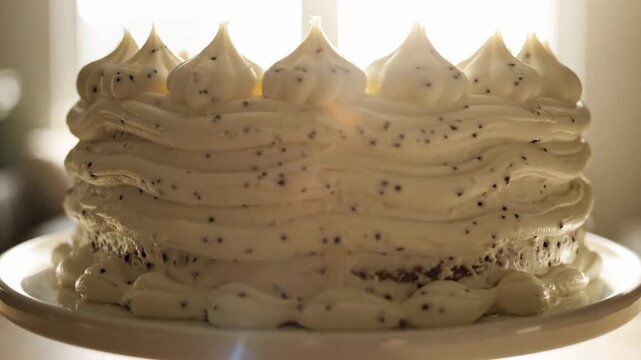 Deliciously Frosted Cake on a Pedestal in a Bright Room.