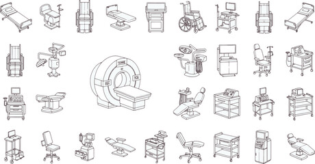 An assortment of intricately illustrated medical equipment, meticulously rendered in a clean, graphic style that highlights each piece's functionality and form.