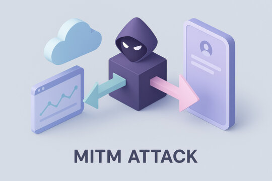 Man in middle cyber attack illustration with hacker intercepting data between cloud server and mobile device through network security breach vulnerability